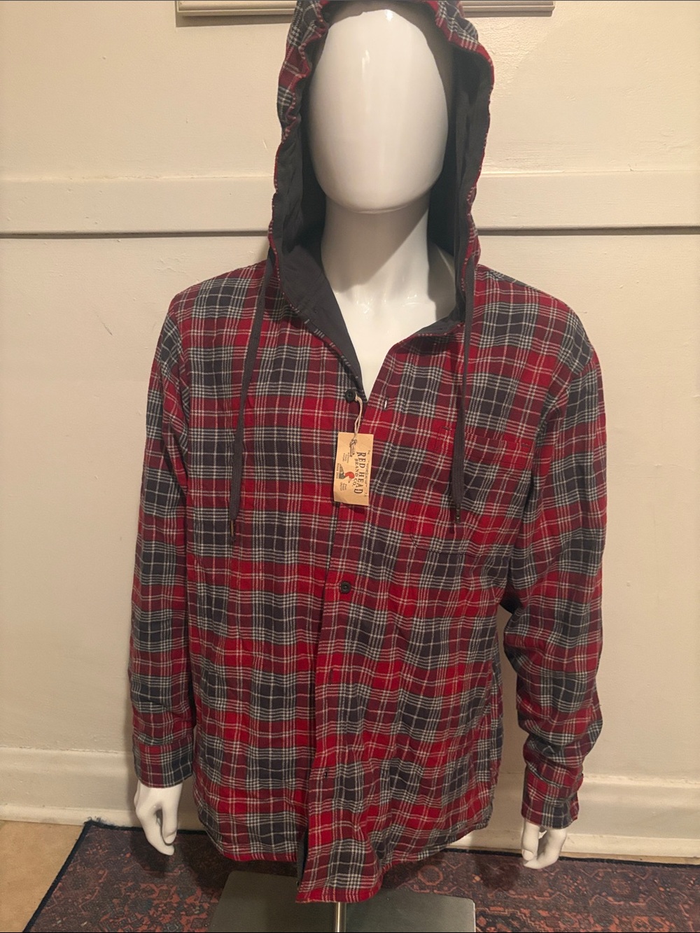 RedHead Red and Gray Plaid Hooded Button-Up Shirt